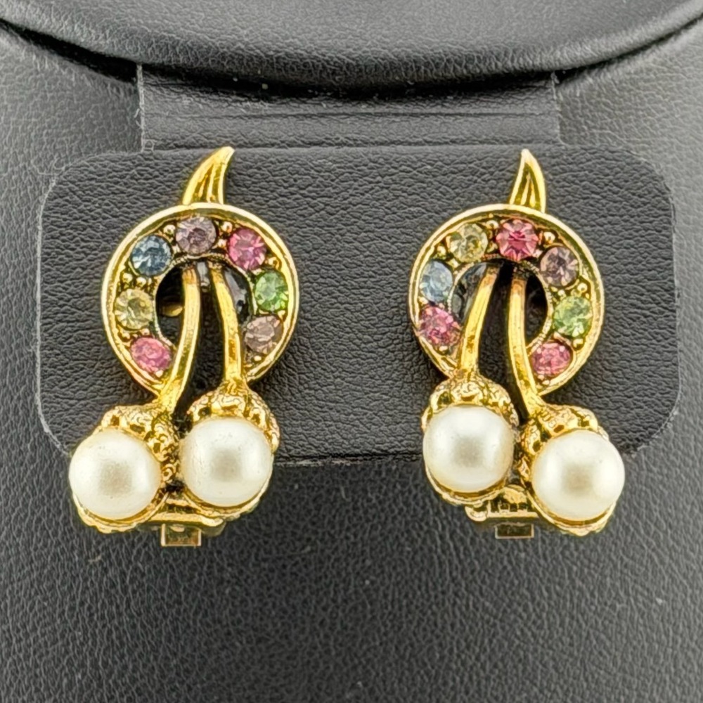Vintage Judy Lee Clip On Earrings Gold Tone Multi Color Rhinestone Faux Pearl
